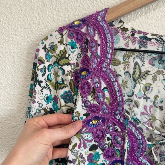 TAJ by Sabrina Crippa Blouse Womens Small Cotton Beaded Embellished Floral Boho - Picture 4 of 10